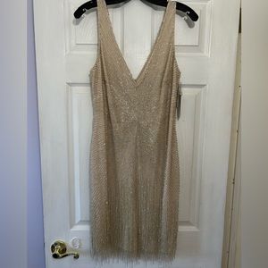 V Neck Beaded Cocktail Dress in Champagne
